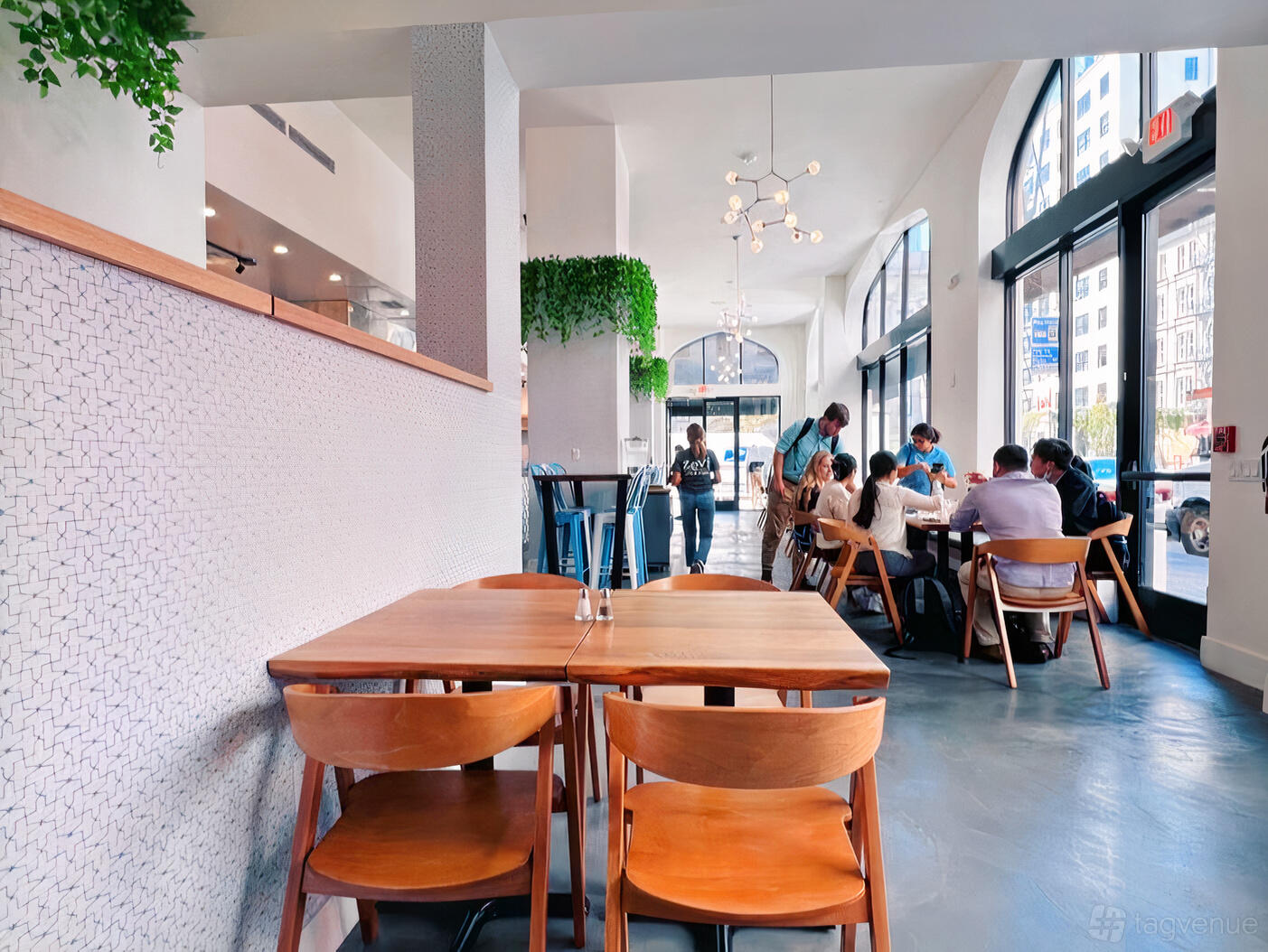 A restaurant with wooden tables and chairs, hanging plants, and large arched windows at Zevi Cafe & Bistro.
