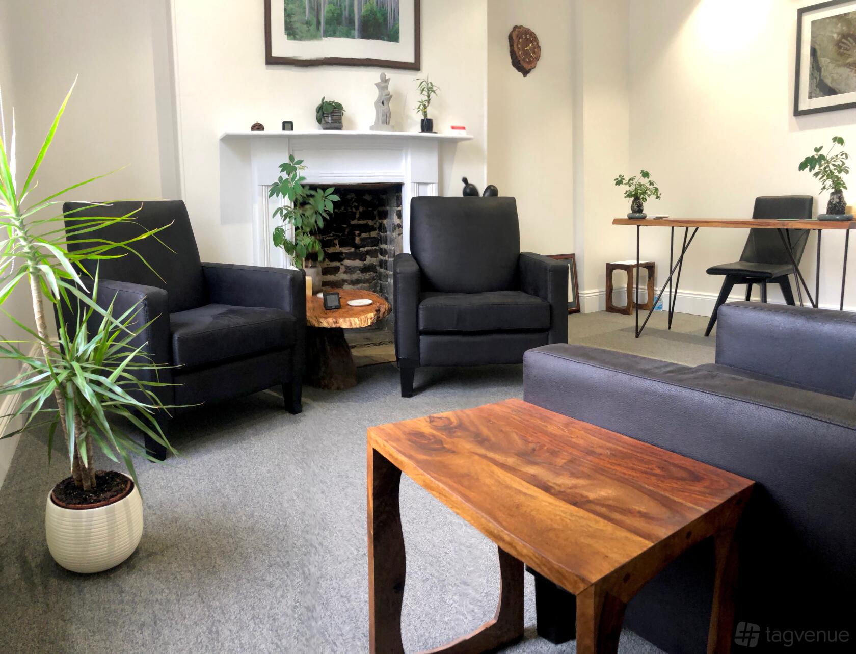 A therapy room in an office space with black armchairs, a wooden coffee table, potted plants, and a decorative fireplace at Dowling St Practice.