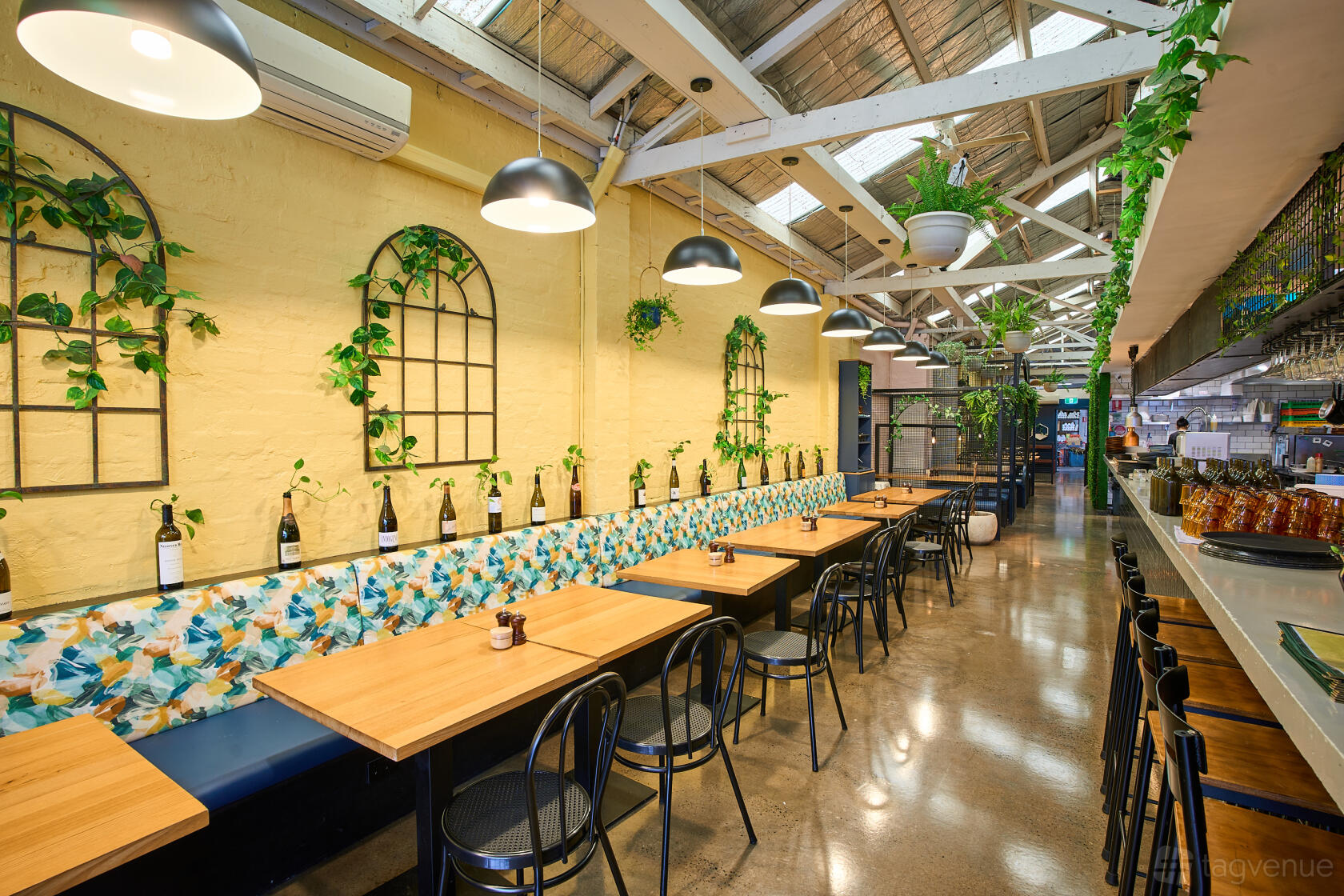 A cafe with skylights, hanging pendant lights, leafy wall decor, and wooden tables at Cafe Mellow Fellow.