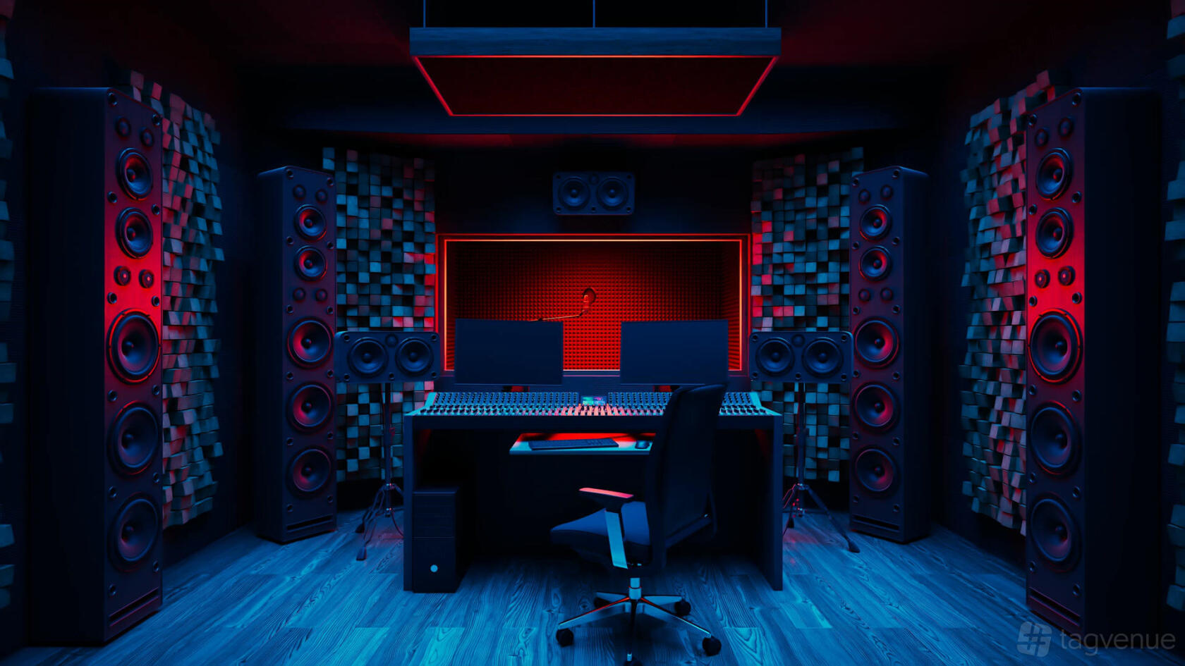 A recording studio with acoustic panels, dual monitors, large speakers, and red LED accent lighting at Vision 3 Studios Dallas.