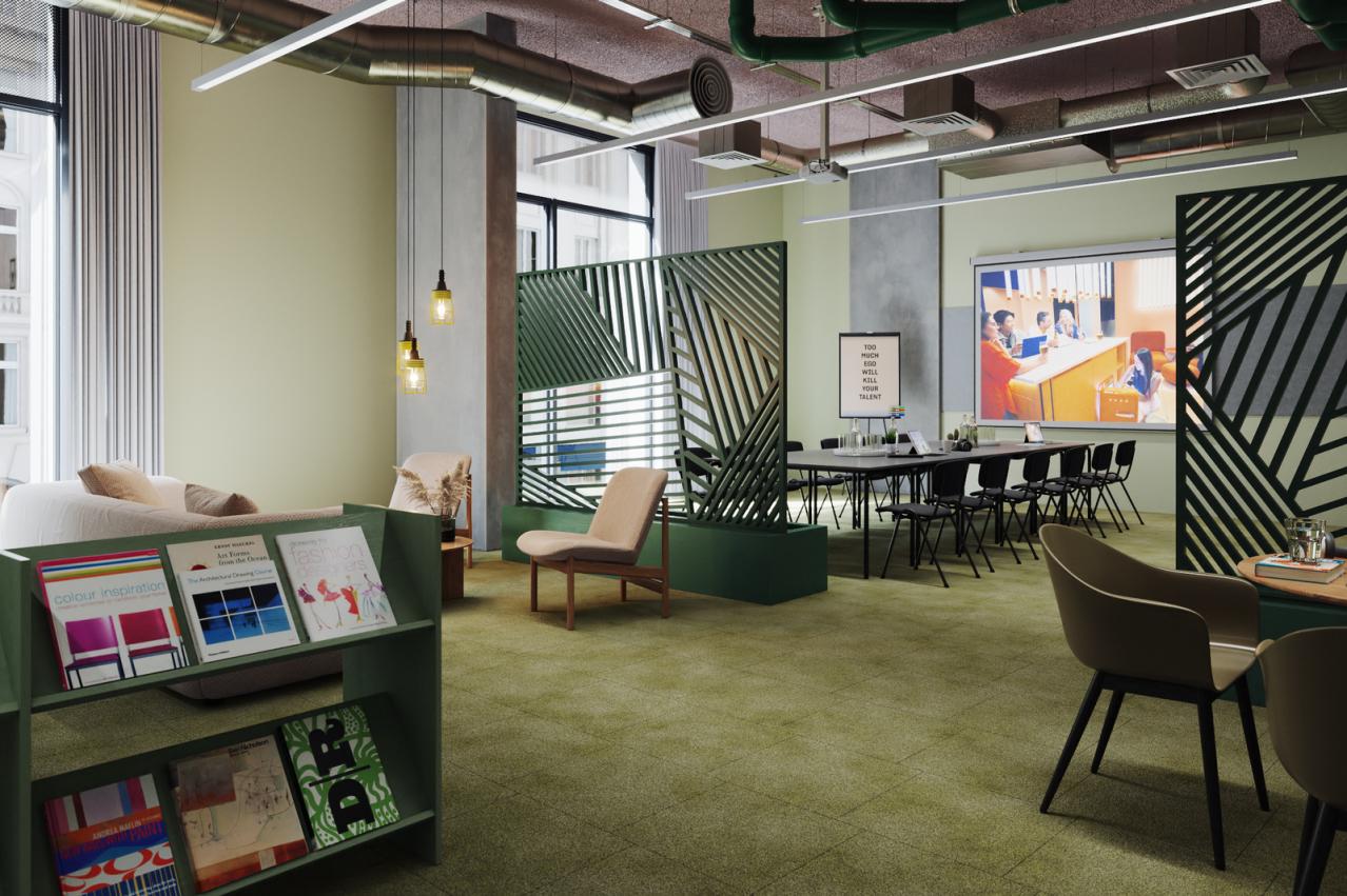 A meeting room with floor-to-ceiling windows, geometric room dividers, and a large screen at The Social Hub.