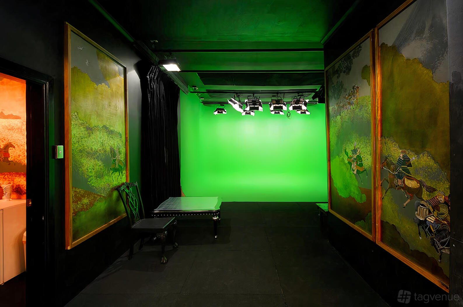 A photo studio with a large green screen backdrop, overhead lighting, and decorative wall panels at Sydney Props Photo Studios.