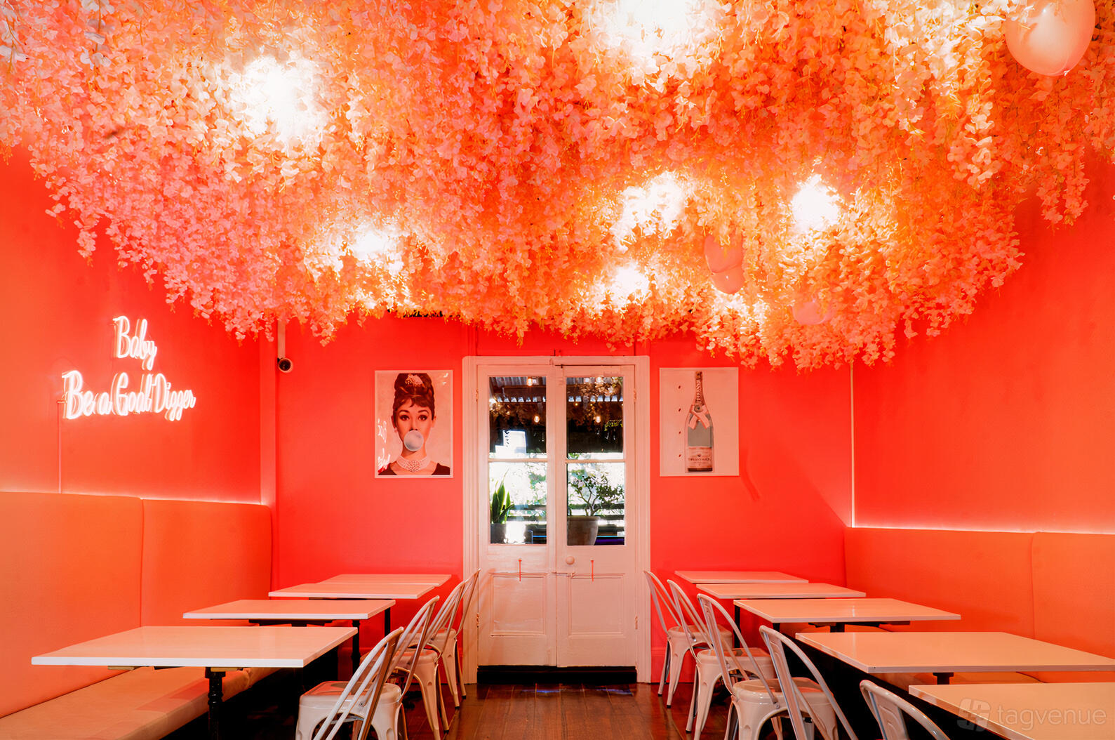 A function room with pink walls, hanging floral ceiling decor, and white tables with metal chairs at Vecino.