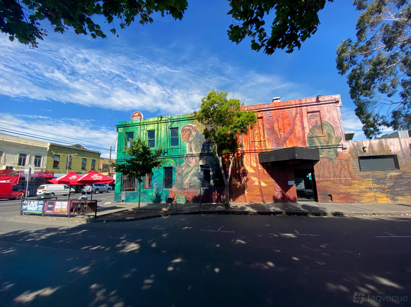 A versatile event space with a colorful mural-covered exterior and leafy trees at Bakers Arms.
