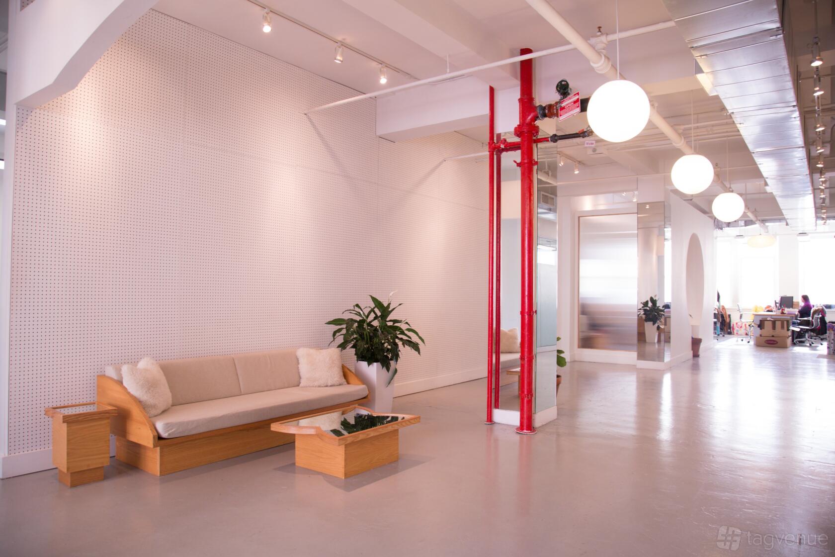 A photo studio with a minimalist white interior, wooden bench seating, indoor plants, and exposed red piping at Mama Tress.