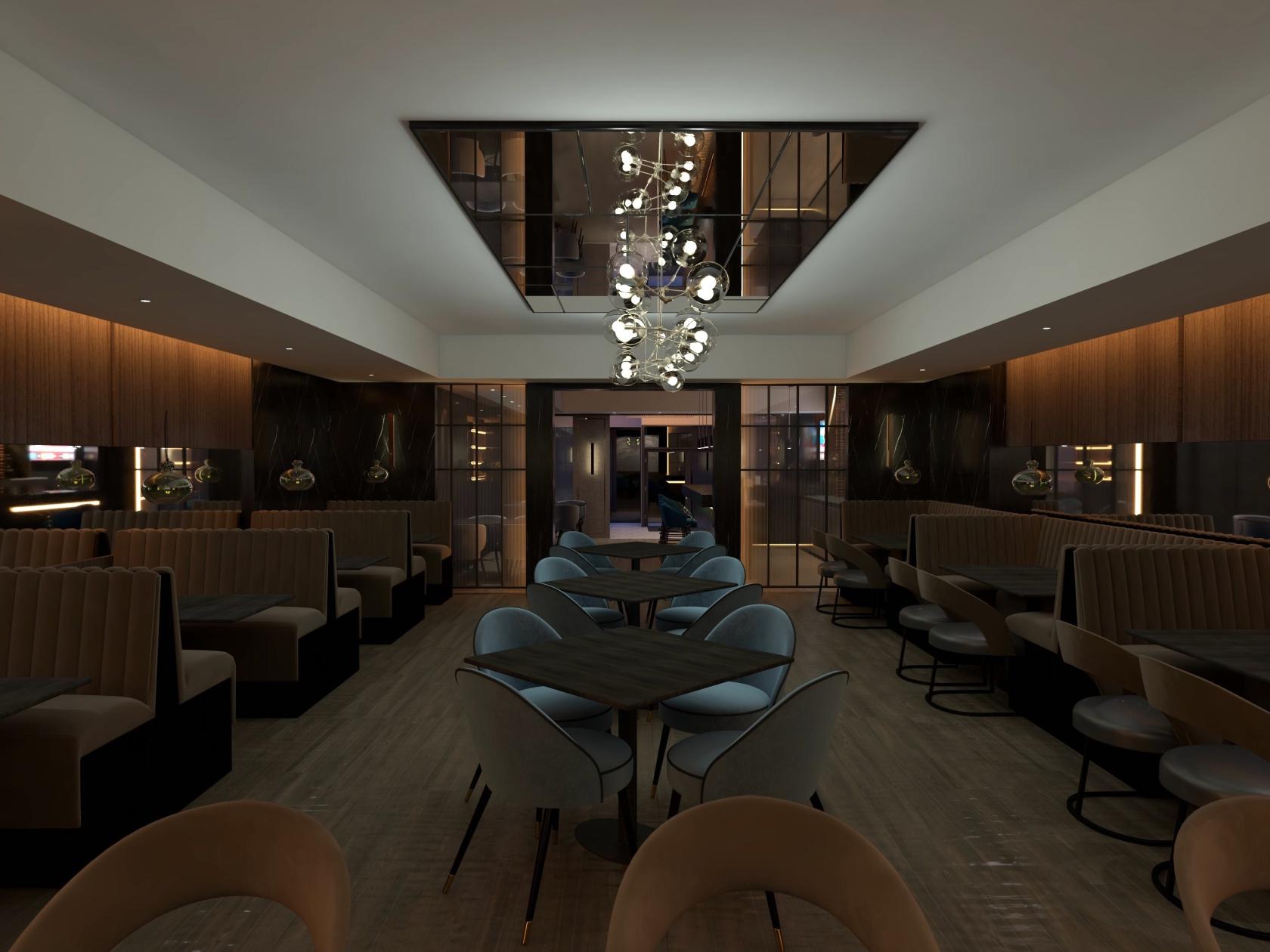 A restaurant dining room with upholstered booth seating, round tables, modern chairs, and a statement chandelier at KHAZANA - by Sanjeev Kapoor.